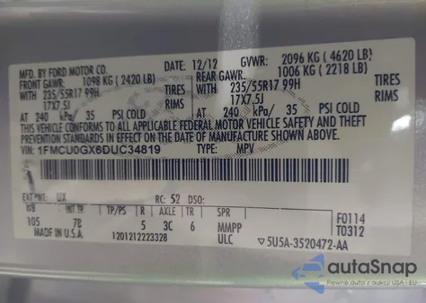 2013 Ford Escape Se z USA, uszkodzony, nr VIN 1FMCU0GX6DUC34819